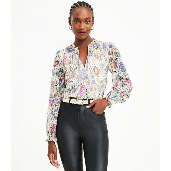 Ann Taylor Loft Blouse V Neck Floral Print Cream Multicolor Womens XS Petite - Picture 1 of 10